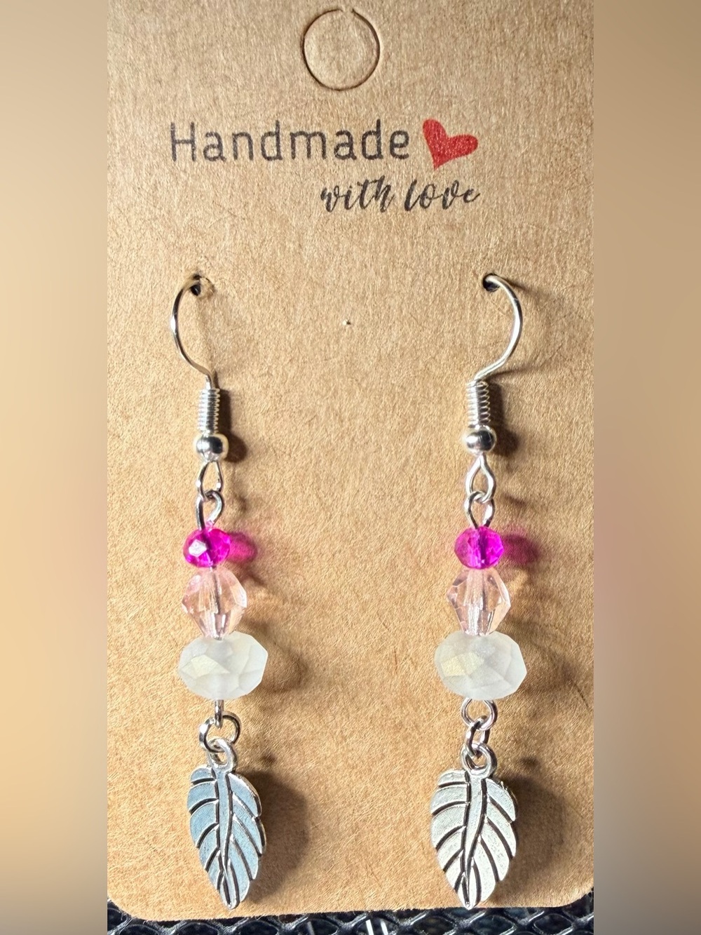 Handmade Pink Bead Leaf Drop Earrings — Silver Leaf Accent